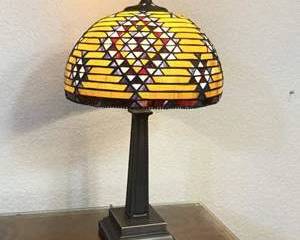 Unique Stained Glass Table Lamp with Geometric Patterns in Yellow and Purple