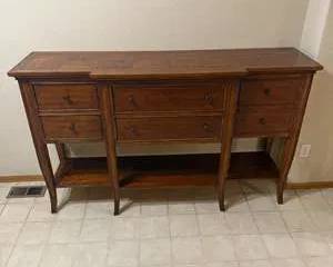Mid Century Wooden Console Table with Drawers and Shelf