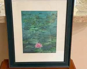 Framed Watercolor Print of Lilly Pads with Pink Blossom