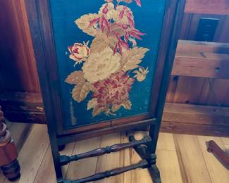 Needlepoint screen with folding shelf