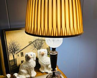 Staffordshire Spaniels. 3 sets, large, medium, small. Bronze and Cut Glass Antique Lamp.