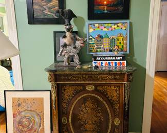 French Louis XVI Style Marquetry Cabinet with Marble Top. Molly Heizer Ceramic Totem. 24"x12"x12". "Partners." Paintings by William Hawkins. 10x13 Oil Painting.