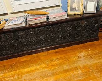 Hand-Carved North African Dowry Chest. Heavy Iron Hardware. This chest is incredible. It looks like Nosferatu's Tomb. It is over 7 feet long.