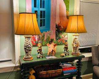 Shell-Filled Lamps are Royal Leerdam, Holland. Mid-Century, Gorgeous condition. Molly Heizer Pig Sculpture. American Contemporary Folk Artist. Aspen and Santa Fe.