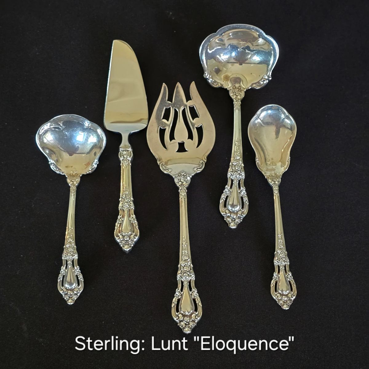 Sterling: Lunt "Eloquence" serving set. There is one additional piece that did not make it in the picture.