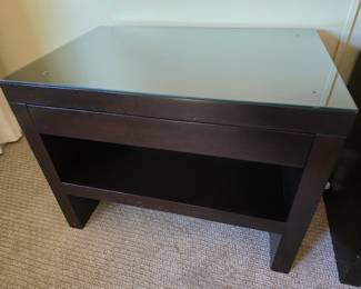Large nightstand end tables. Wood with felt lined drawr and glass top.