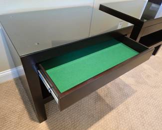Large nightstand end tables. Wood with felt lined drawr and glass top.