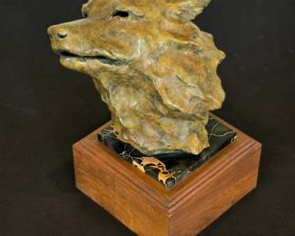 Sherry Sander bronze wolf bust sculpture.