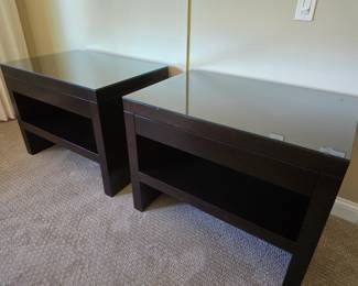 Large nightstand end tables. Wood with felt lined drawr and glass top.