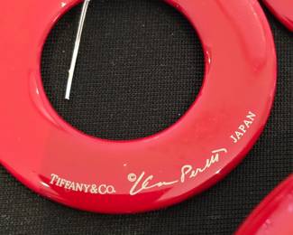 Tiffany & Co Elsa Peretti 18kt white gold and red lacquer earring and bracelet set.