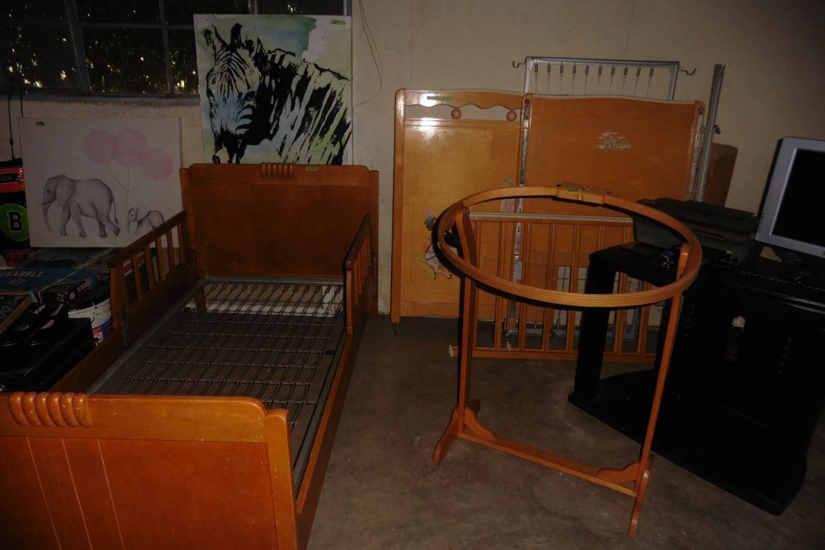 Mid Century Childs Bed, Quilters Hoop, Childs Bed, Art on Canvas and Computer Desk