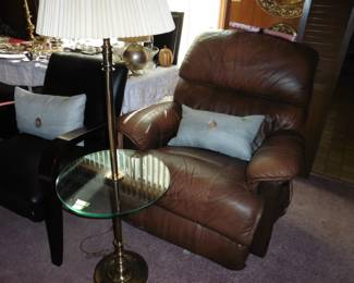 Lazy Boy Recliner and Leather Arm Chair. Side Table w/ Lamp.