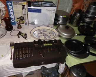 Skeleton Keys, Pfaltzgraff Dinnerware, Oneida Flatware, Cuisinart Mixer, Pots and Pans.