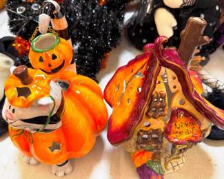 Blue Sky Clayworks Turning Leaf Candle House and Cat with Pumpkin