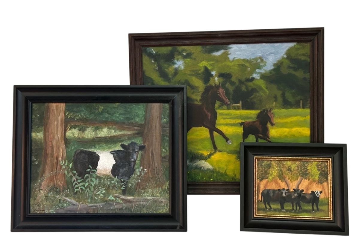 Three Original Oil Paintings Cows  Horses  Framed  Signed by Artist