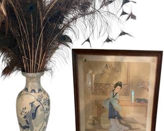 AsianInspired Vase, Faux Peacock Feather Fillers, Art