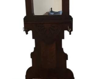 Antique Carved Wooden Hall Tree w Marble Top Umbrella Holders