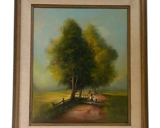 Framed Signed Painting of Child Dog on a Walk 31.5 x 27.5