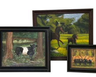 Three Original Oil Paintings Cows Horses Framed Signed by Artist