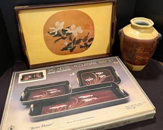 Nested Asian Lacquerware Trays, Floral Tray, Pottery Vase