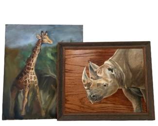 Two Wildlife Paintings Rhino Giraffe