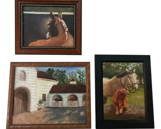 Three Framed Paintings Cows, Horse, Mule