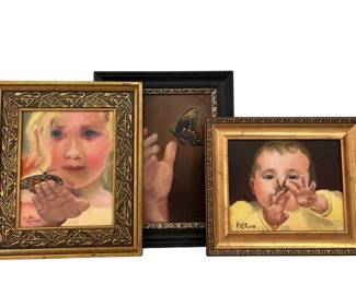 Three Framed Signed Paintings of Children with Butterflies