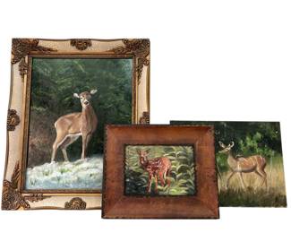 Three Deer Paintings Two Framed