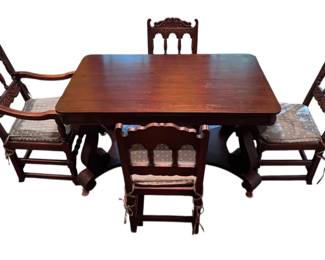 Antique JacobeanStyle Carved Wooden Dining Table Chairs