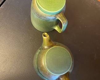 #64 - $150 - 2 - Green Arts & crafts 1960's pottery tea & coffee pots