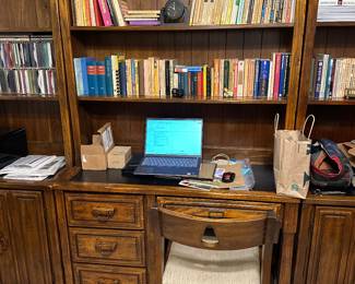 #33 - $160 - Solid oak desk with 4 drawers - 2 shelves 73tx30wx18d

