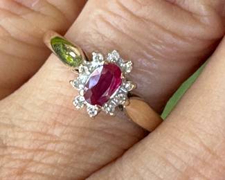 #103- $160 - Ruby & Diamond ring, 10kt yellow gold. Size 7 - 1.7 grams