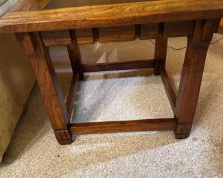 #11 - $180 - Solid oak side table with leather inserts top 21tx24wx24d 
