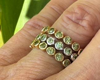 #89 - $220 Each stackable - 18kt white gold band with peridot stones sz 6 - #90 - $220 each - 18kt yellow gold band with peridot stones sz 6 - #91 - $220 each - 18kt pink gold band with peridot stones sz 6