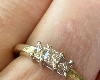 #107 - $380 - .36ctw 3 square diamonds ring, 14kt yellow gold, prones white gold, size 6 1/2, 3.6grams. 