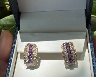 #114 - $475 - Pair of Amethyst earrings & Diamonds earrings on 14kt gold. 5.7gr