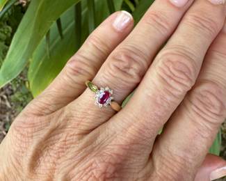 #103- $160 - Ruby & Diamond ring, 10kt yellow gold. Size 7 - 1.7 grams