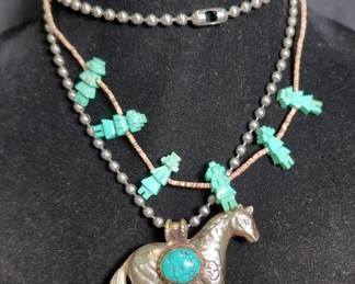 Horse Pendant Necklace with Turquoise and Bead Chain
