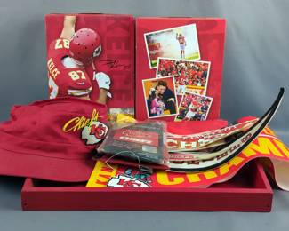 Kansas City Chiefs Memorabilia Including Kelce & Mahomes Cereal Boxes, Flags, Pennants And More, Qty 14