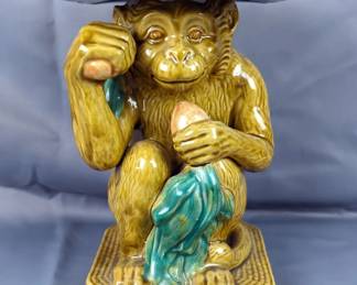 Monkey Form Glazed Ceramic Plant Stand, 12"