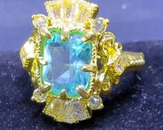 Ring with Emerald-Cut Aqua Stone On Sterling Silver Band, Size 11