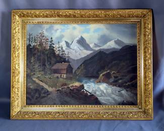 Framed Mountain Landscape Oil Painting