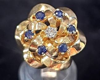 Diamond & Sapphire 14K Floral Ring, Size 5