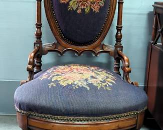 Floral Needlepoint Chairs with Side Table