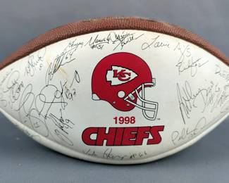 1998 Kansas City Chiefs Signed Football, Various Signatures, Mini Helmet And Trading Cards