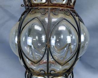 Hand Blown Glass Hanging Light Fixture with Iron Frame