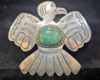 Native American Style Silver Thunderbird Turquoise Pin
