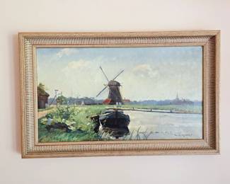 Antique signed windmill oil painting