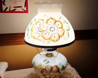 Vintage hand painted floral electrified oil lamp
