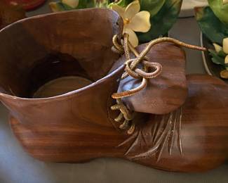 Carved Wooden Boot with Leather Shoelace